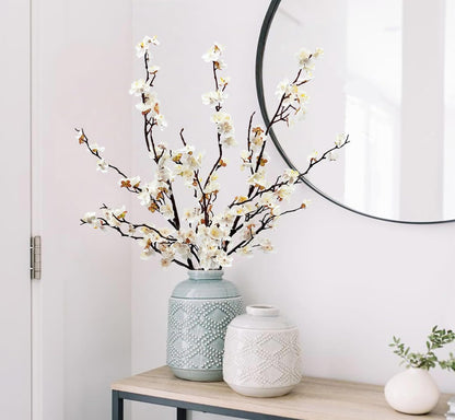 Artificial Plum Blossom Flowers 3pcs Faux Cherry Blossom Flower Silk Peach Flowers Plum Blossom Branches for Spring Summer Decor Home Wedding Party Table Centerpieces(White)