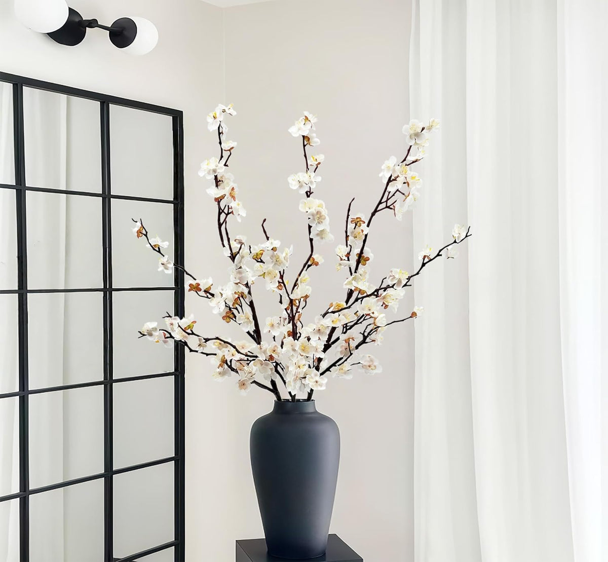 Artificial Plum Blossom Flowers 3pcs Faux Cherry Blossom Flower Silk Peach Flowers Plum Blossom Branches for Spring Summer Decor Home Wedding Party Table Centerpieces(White)