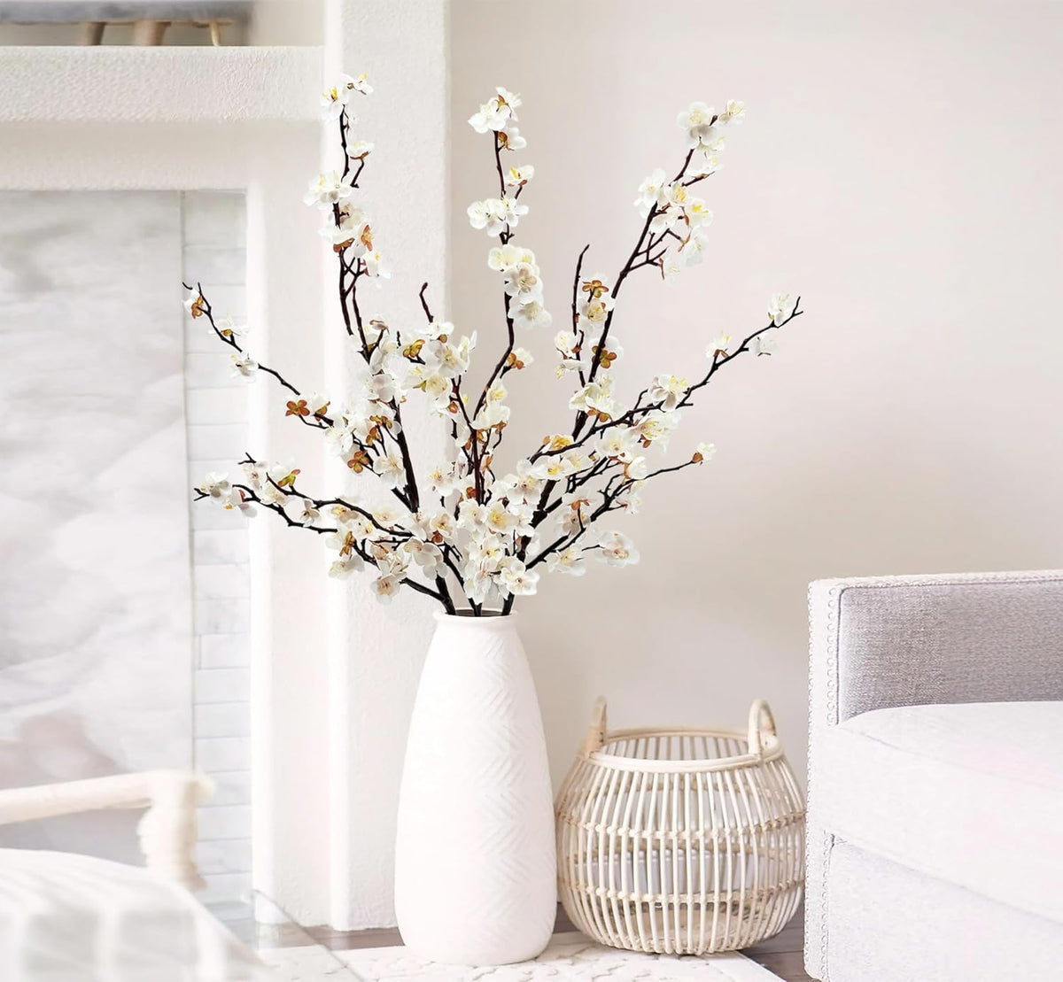 Artificial Plum Blossom Flowers 3pcs Faux Cherry Blossom Flower Silk Peach Flowers Plum Blossom Branches for Spring Summer Decor Home Wedding Party Table Centerpieces(White)