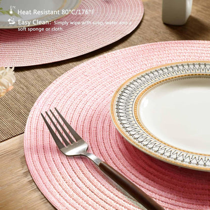 Round Braided Placemats Set of 6 Place mats for Dining Tables Woven Heat Resistant Table Mats 15 inch (Pink)