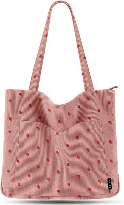 Corduroy Tote Bag for Women Large Shoulder Bag with Zipper Pockets