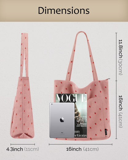 Corduroy Tote Bag for Women Large Shoulder Bag with Zipper Pockets