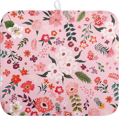 Pink Floral Dish Drying Mat for Kitchen Counter Cute Flower Print Dish Rack Mats Absorbent Microfiber Dish Draining Mat Reusable Washable Large Drainer Pad 16x18 Inch