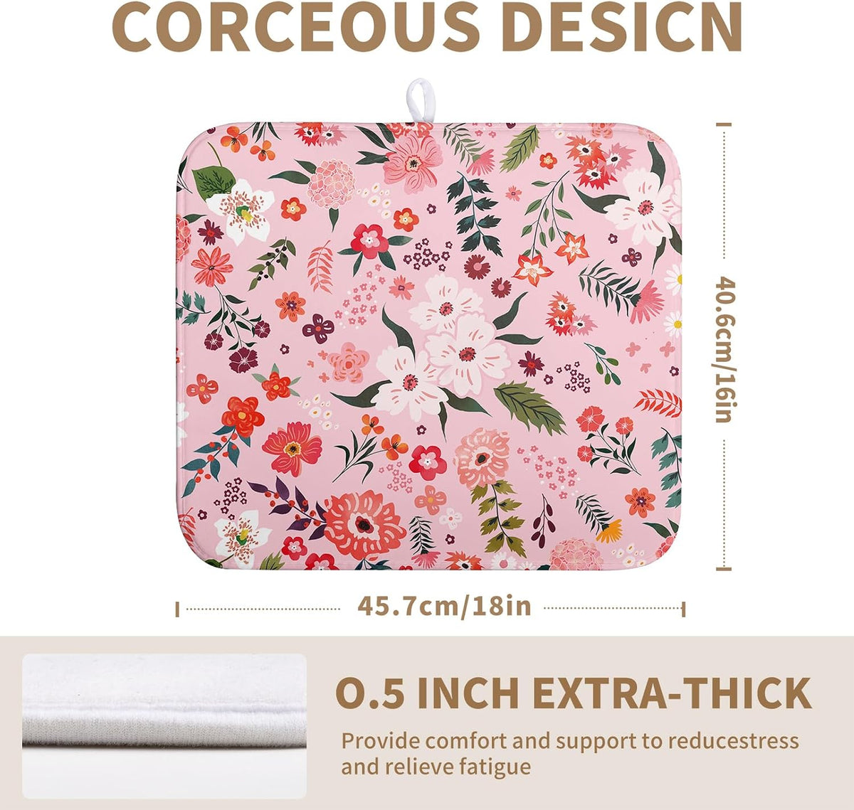 Pink Floral Dish Drying Mat for Kitchen Counter Cute Flower Print Dish Rack Mats Absorbent Microfiber Dish Draining Mat Reusable Washable Large Drainer Pad 16x18 Inch