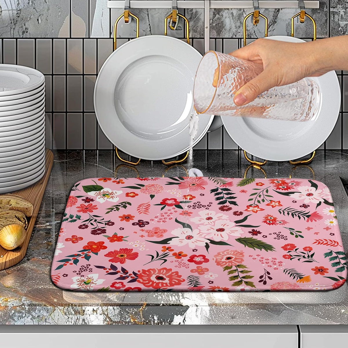 Pink Floral Dish Drying Mat for Kitchen Counter Cute Flower Print Dish Rack Mats Absorbent Microfiber Dish Draining Mat Reusable Washable Large Drainer Pad 16x18 Inch