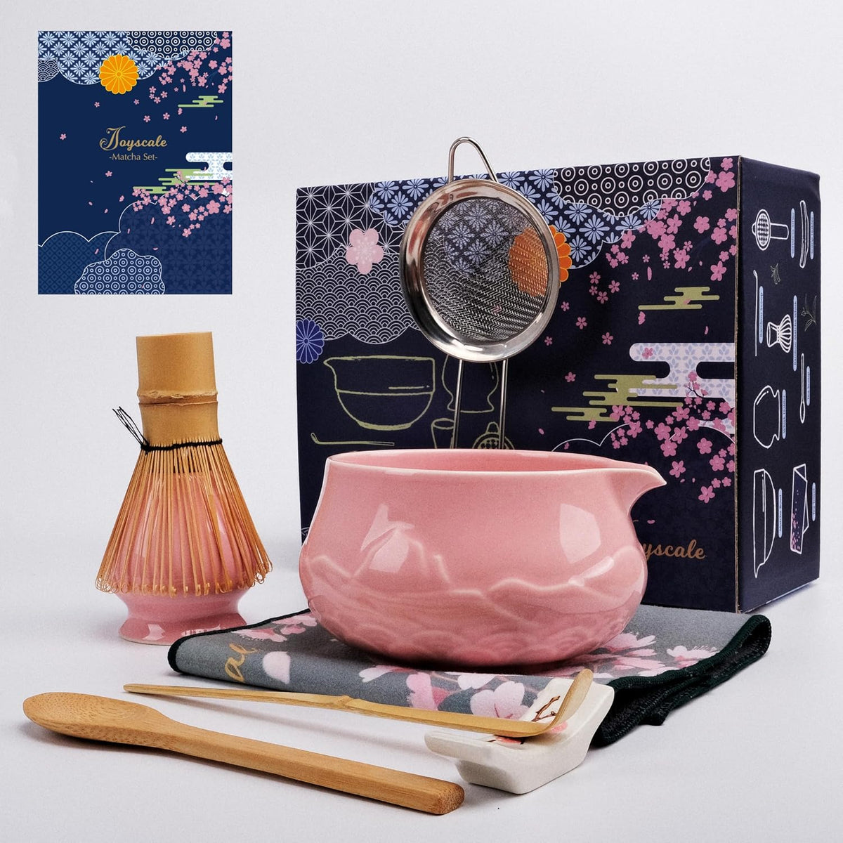 Joyscale Matcha Whisk Set, Matcha Set Whisk And Bowl, 9 Pcs Matcha Kit Set(Relief Mountain Design), 18 OZ, Japanese Matcha Tea Set, Matcha Making Kit Gifts for Tea Lovers(Pink)