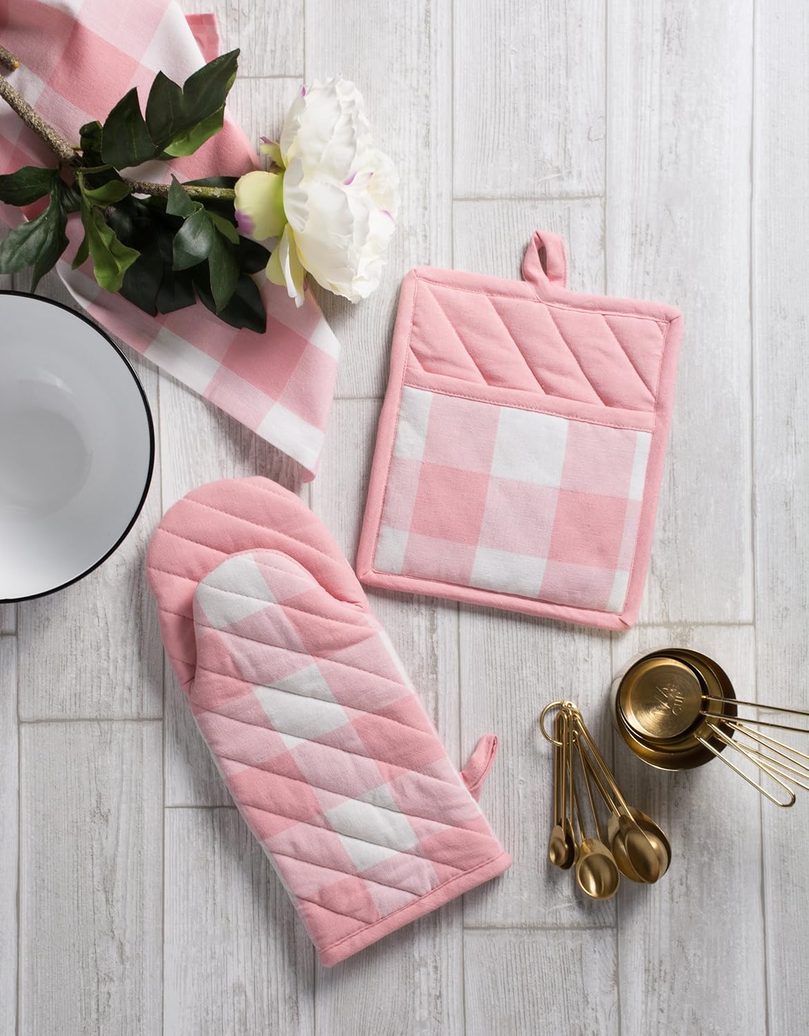Buffalo Check Kitchen Collection, Classic Farmhouse Kitchen Set, Potholder, One Size, Pink &White, 2 Piece