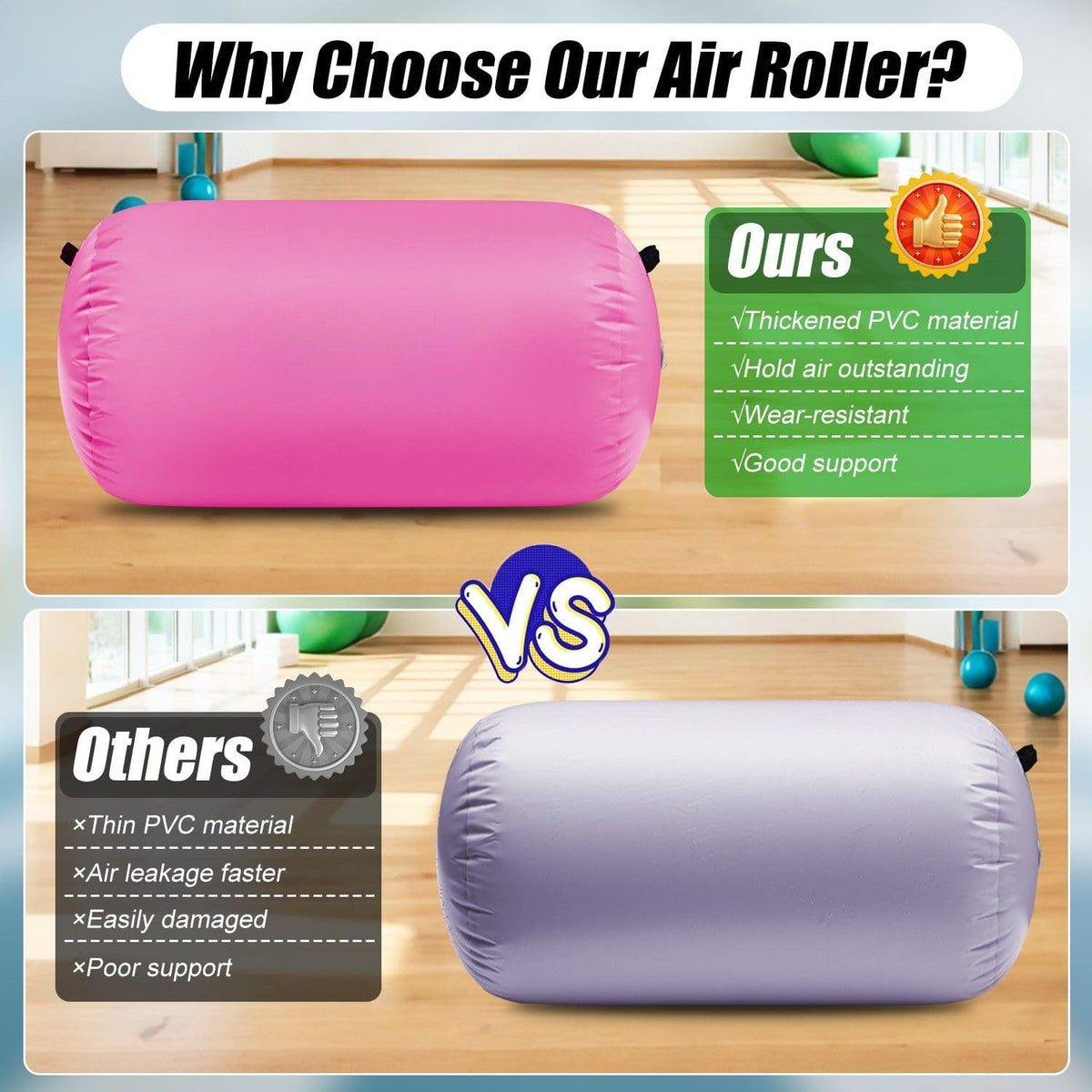 Inflatable Air Roller Gymnastics Barrel Mat Tumbling Barrel Equipment for Backhandspring Training Roller for Cheerleading, Yoga, Dance, Home & Gym Use No Pump
