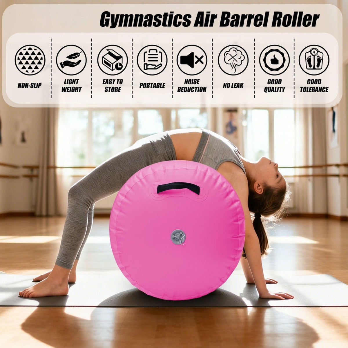 Inflatable Air Roller Gymnastics Barrel Mat Tumbling Barrel Equipment for Backhandspring Training Roller for Cheerleading, Yoga, Dance, Home & Gym Use No Pump