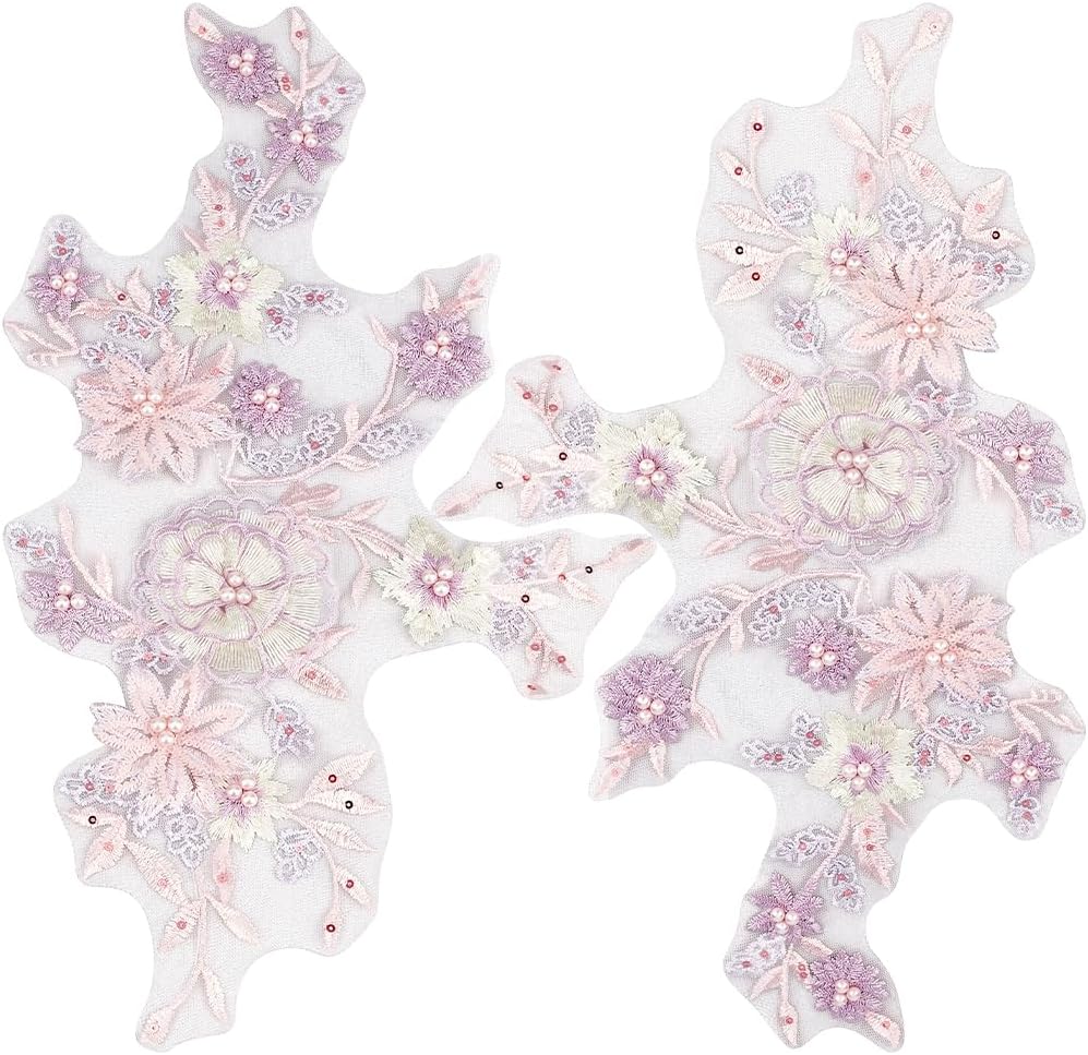 2Pcs 3D Floral Sequin Applique Pearl Beaded Embroidered Lace Appliques Pink Polyester Embroidery Lace Flower Sew on Tulle Patches for Sewing Making Dresses Clothes Gown Costumes DIY Supply