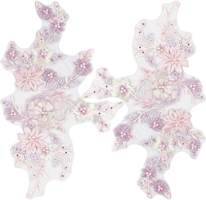 2Pcs 3D Floral Sequin Applique Pearl Beaded Embroidered Lace Appliques Pink Polyester Embroidery Lace Flower Sew on Tulle Patches for Sewing Making Dresses Clothes Gown Costumes DIY Supply