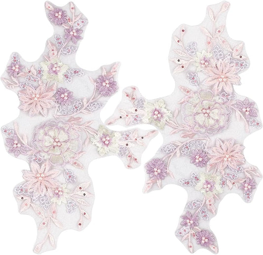 2Pcs 3D Floral Sequin Applique Pearl Beaded Embroidered Lace Appliques Pink Polyester Embroidery Lace Flower Sew on Tulle Patches for Sewing Making Dresses Clothes Gown Costumes DIY Supply