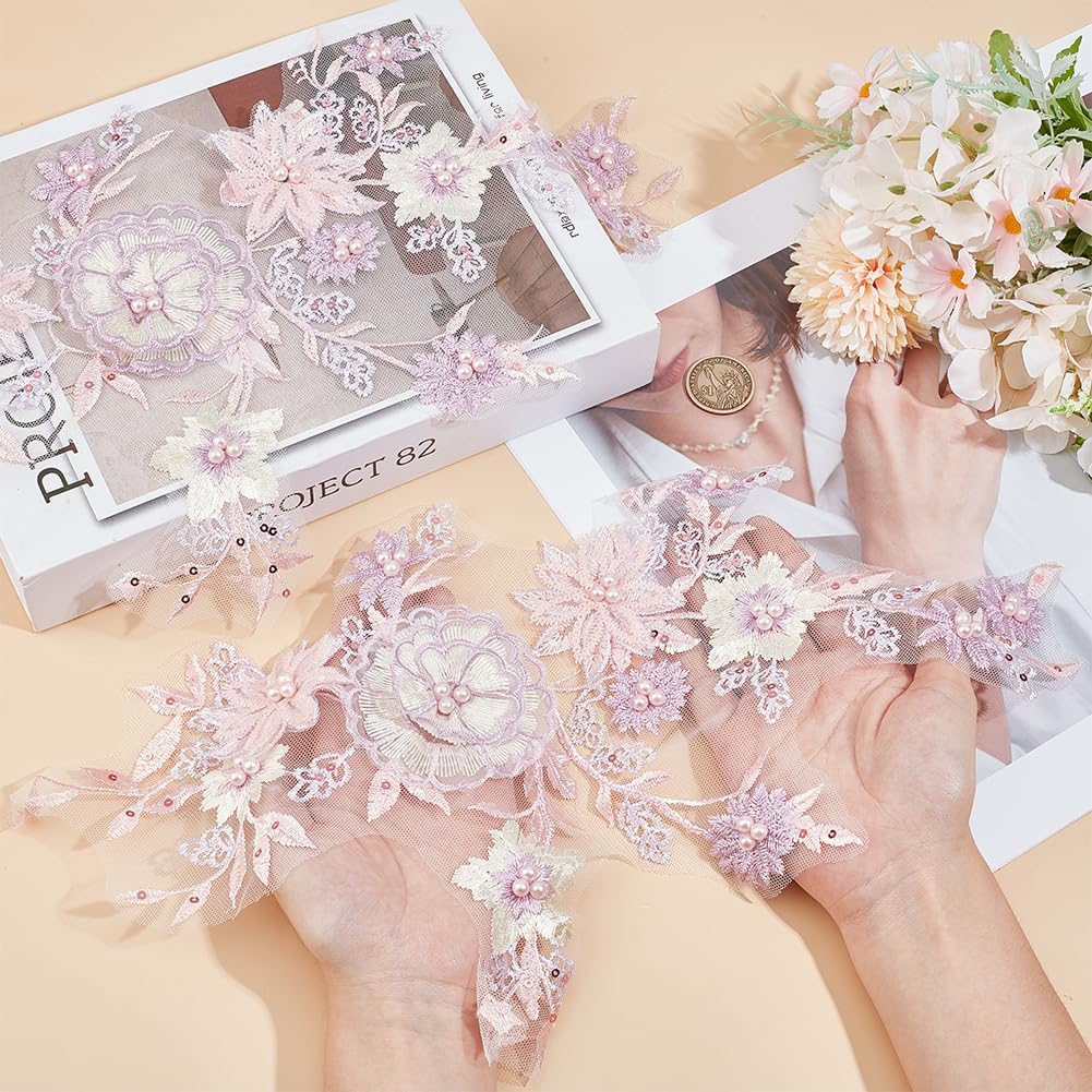 2Pcs 3D Floral Sequin Applique Pearl Beaded Embroidered Lace Appliques Pink Polyester Embroidery Lace Flower Sew on Tulle Patches for Sewing Making Dresses Clothes Gown Costumes DIY Supply