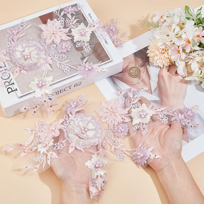 2Pcs 3D Floral Sequin Applique Pearl Beaded Embroidered Lace Appliques Pink Polyester Embroidery Lace Flower Sew on Tulle Patches for Sewing Making Dresses Clothes Gown Costumes DIY Supply