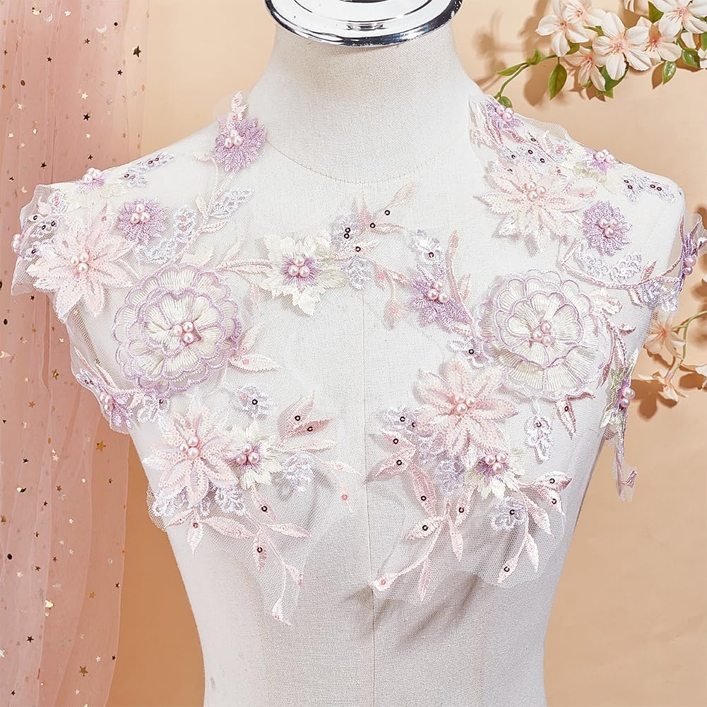 2Pcs 3D Floral Sequin Applique Pearl Beaded Embroidered Lace Appliques Pink Polyester Embroidery Lace Flower Sew on Tulle Patches for Sewing Making Dresses Clothes Gown Costumes DIY Supply