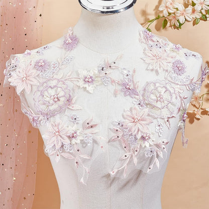 2Pcs 3D Floral Sequin Applique Pearl Beaded Embroidered Lace Appliques Pink Polyester Embroidery Lace Flower Sew on Tulle Patches for Sewing Making Dresses Clothes Gown Costumes DIY Supply