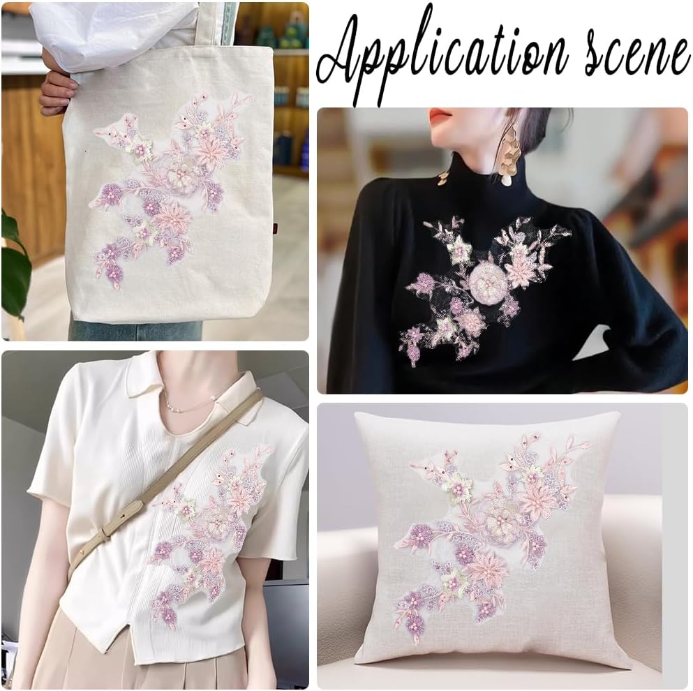2Pcs 3D Floral Sequin Applique Pearl Beaded Embroidered Lace Appliques Pink Polyester Embroidery Lace Flower Sew on Tulle Patches for Sewing Making Dresses Clothes Gown Costumes DIY Supply