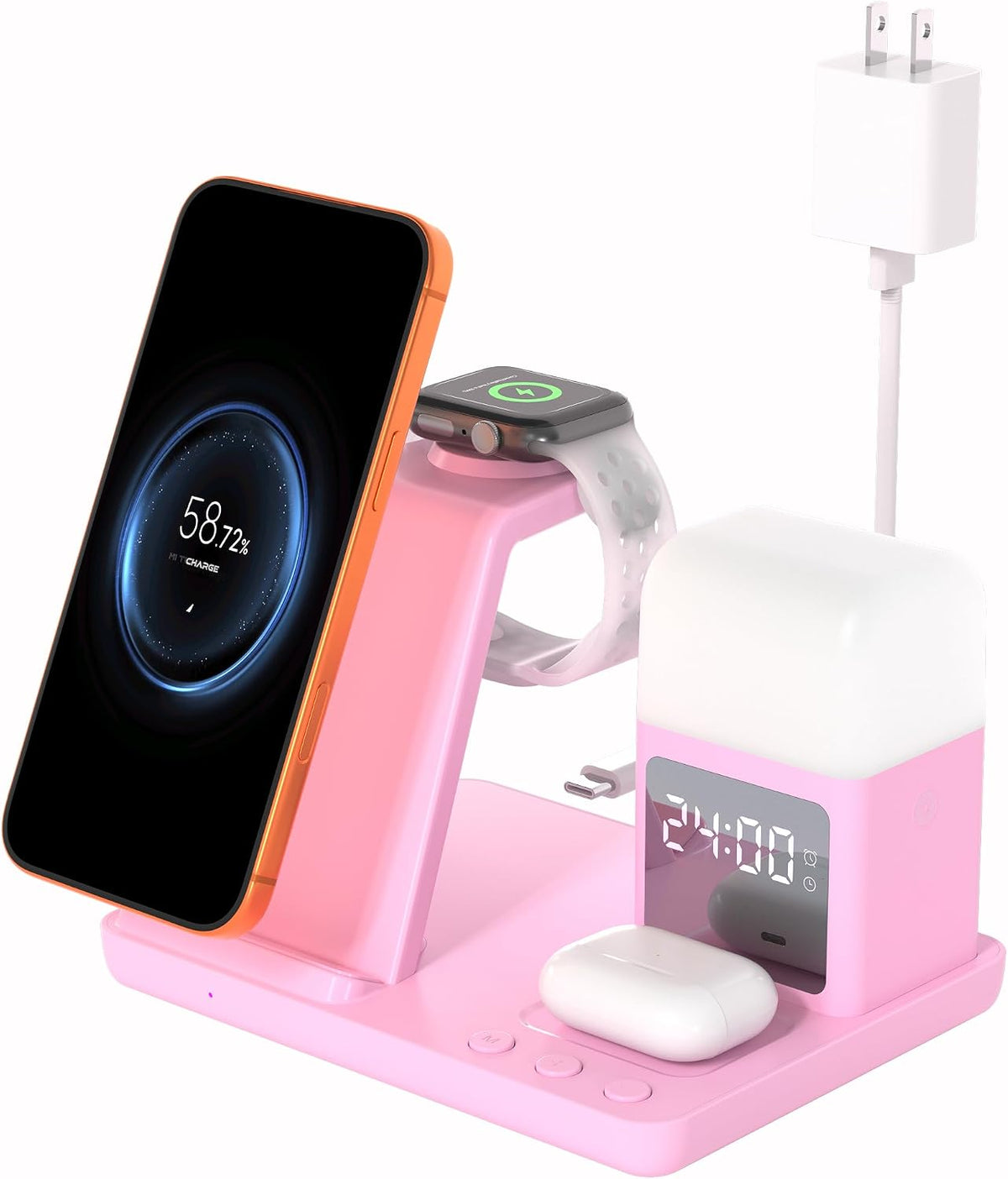 Wireless Charger for iPhone, 6in1 Fast Phone Charger Stand Dock Alarm Clock Night Light, Wireless Charging Station for Apple Watch, for Airpods 3/2/Pro, for iPhone 17/1615/14/13/12/11/Pro/Max (Pink)