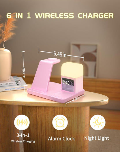 Wireless Charger for iPhone, 6in1 Fast Phone Charger Stand Dock Alarm Clock Night Light, Wireless Charging Station for Apple Watch, for Airpods 3/2/Pro, for iPhone 17/1615/14/13/12/11/Pro/Max (Pink)