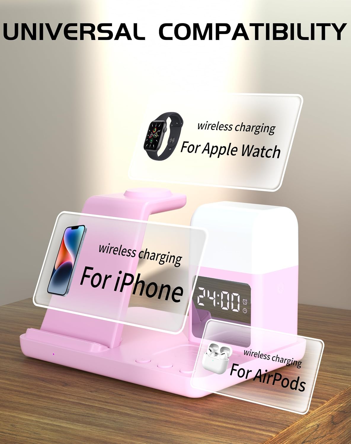 Wireless Charger for iPhone, 6in1 Fast Phone Charger Stand Dock Alarm Clock Night Light, Wireless Charging Station for Apple Watch, for Airpods 3/2/Pro, for iPhone 17/1615/14/13/12/11/Pro/Max (Pink)
