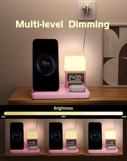 Wireless Charger for iPhone, 6in1 Fast Phone Charger Stand Dock Alarm Clock Night Light, Wireless Charging Station for Apple Watch, for Airpods 3/2/Pro, for iPhone 17/1615/14/13/12/11/Pro/Max (Pink)