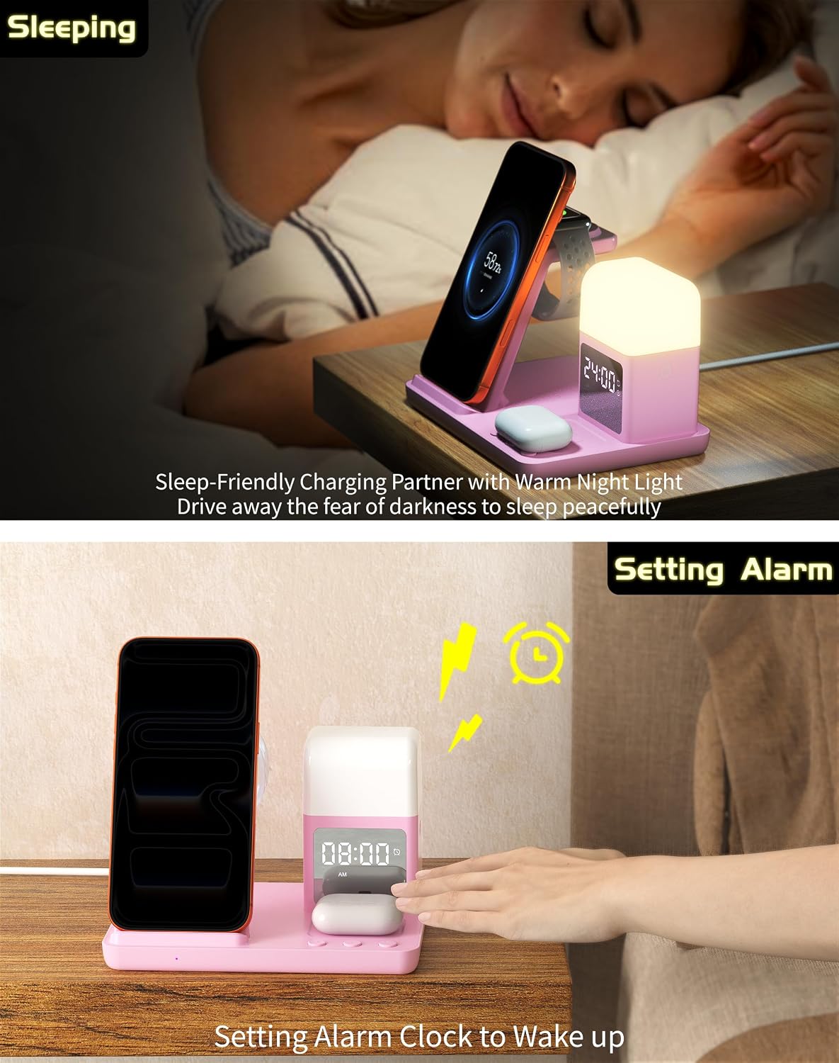 Wireless Charger for iPhone, 6in1 Fast Phone Charger Stand Dock Alarm Clock Night Light, Wireless Charging Station for Apple Watch, for Airpods 3/2/Pro, for iPhone 17/1615/14/13/12/11/Pro/Max (Pink)