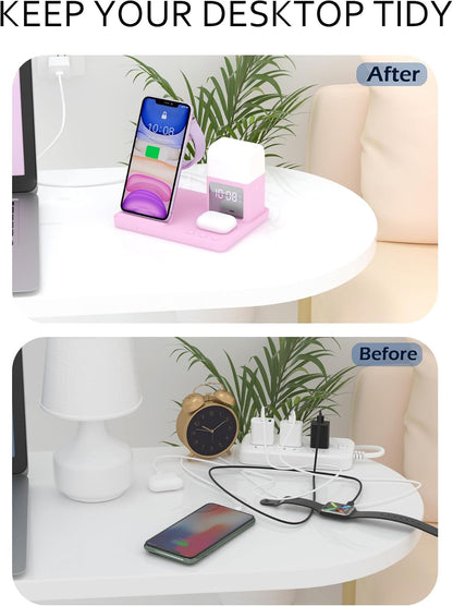 Wireless Charger for iPhone, 6in1 Fast Phone Charger Stand Dock Alarm Clock Night Light, Wireless Charging Station for Apple Watch, for Airpods 3/2/Pro, for iPhone 17/1615/14/13/12/11/Pro/Max (Pink)