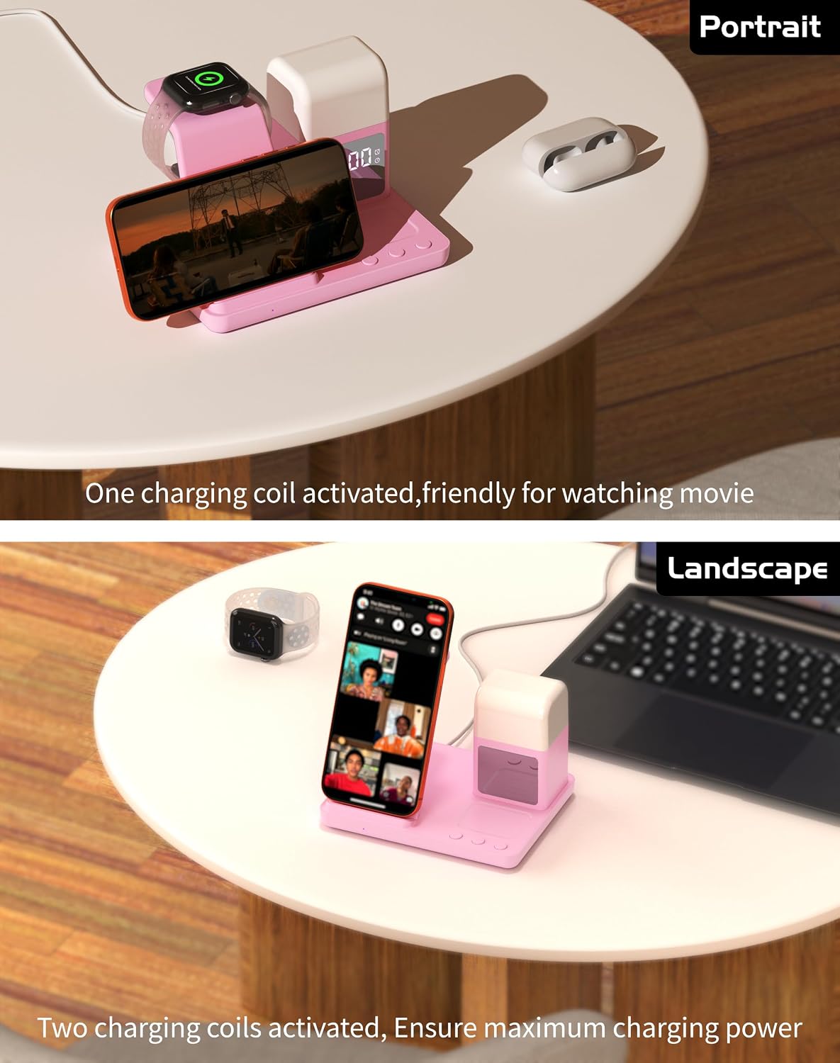 Wireless Charger for iPhone, 6in1 Fast Phone Charger Stand Dock Alarm Clock Night Light, Wireless Charging Station for Apple Watch, for Airpods 3/2/Pro, for iPhone 17/1615/14/13/12/11/Pro/Max (Pink)
