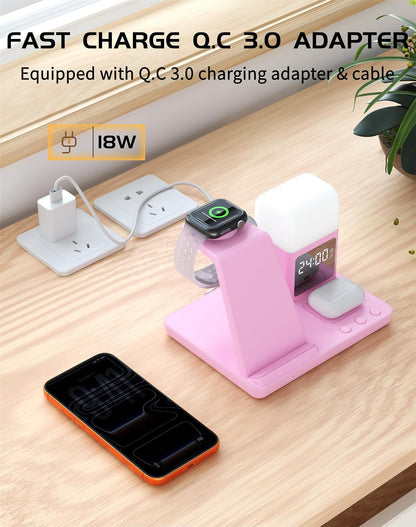 Wireless Charger for iPhone, 6in1 Fast Phone Charger Stand Dock Alarm Clock Night Light, Wireless Charging Station for Apple Watch, for Airpods 3/2/Pro, for iPhone 17/1615/14/13/12/11/Pro/Max (Pink)