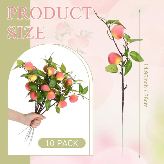 Daifunli 10 Pcs Artificial Peach Branches Fake Stem, 2 Peaches, 14.96 Inch