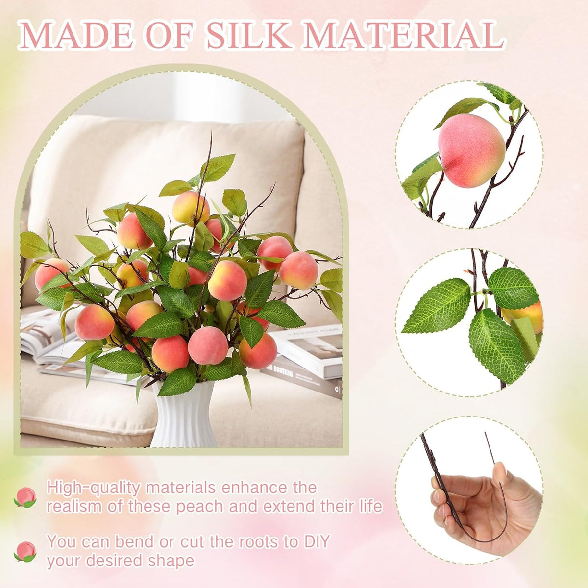 Daifunli 10 Pcs Artificial Peach Branches Fake Stem, 2 Peaches, 14.96 Inch