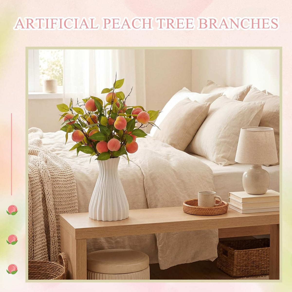 Daifunli 10 Pcs Artificial Peach Branches Fake Stem, 2 Peaches, 14.96 Inch