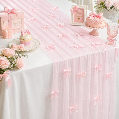 Pearl Table Runner for Wedding, 30x 120inch Pink Bow Gauze Table Runner for Holiday Wedding Birthday Bridal Shower Table Decor Home Party(Pink)