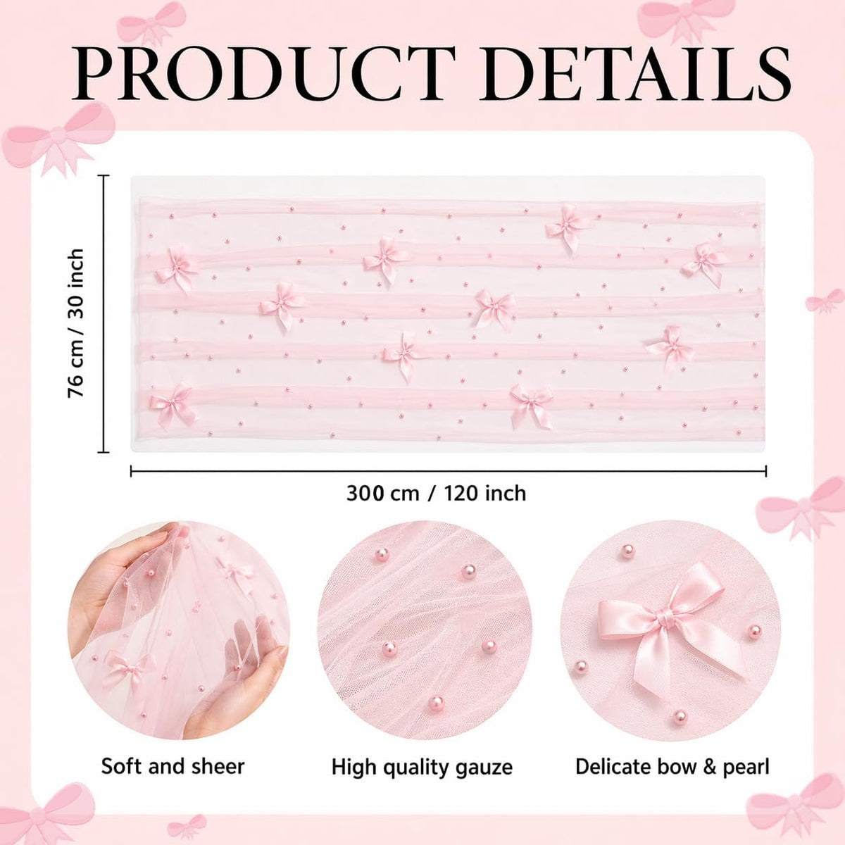 Pearl Table Runner for Wedding, 30x 120inch Pink Bow Gauze Table Runner for Holiday Wedding Birthday Bridal Shower Table Decor Home Party(Pink)
