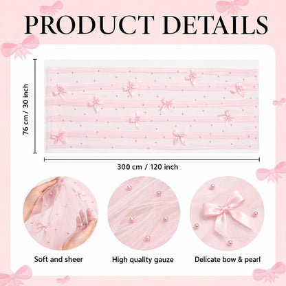 Pearl Table Runner for Wedding, 30x 120inch Pink Bow Gauze Table Runner for Holiday Wedding Birthday Bridal Shower Table Decor Home Party(Pink)