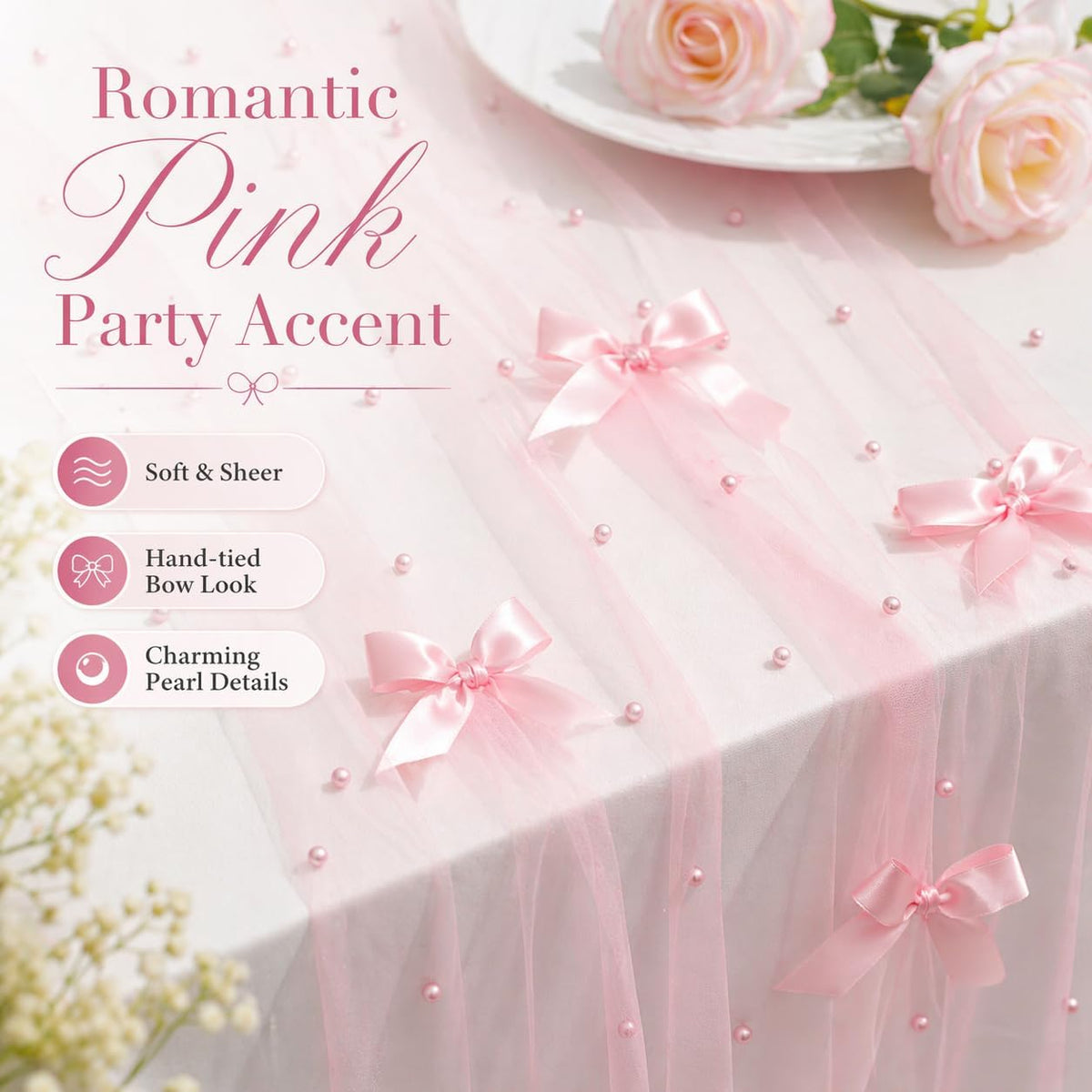 Pearl Table Runner for Wedding, 30x 120inch Pink Bow Gauze Table Runner for Holiday Wedding Birthday Bridal Shower Table Decor Home Party(Pink)