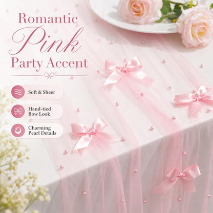 Pearl Table Runner for Wedding, 30x 120inch Pink Bow Gauze Table Runner for Holiday Wedding Birthday Bridal Shower Table Decor Home Party(Pink)