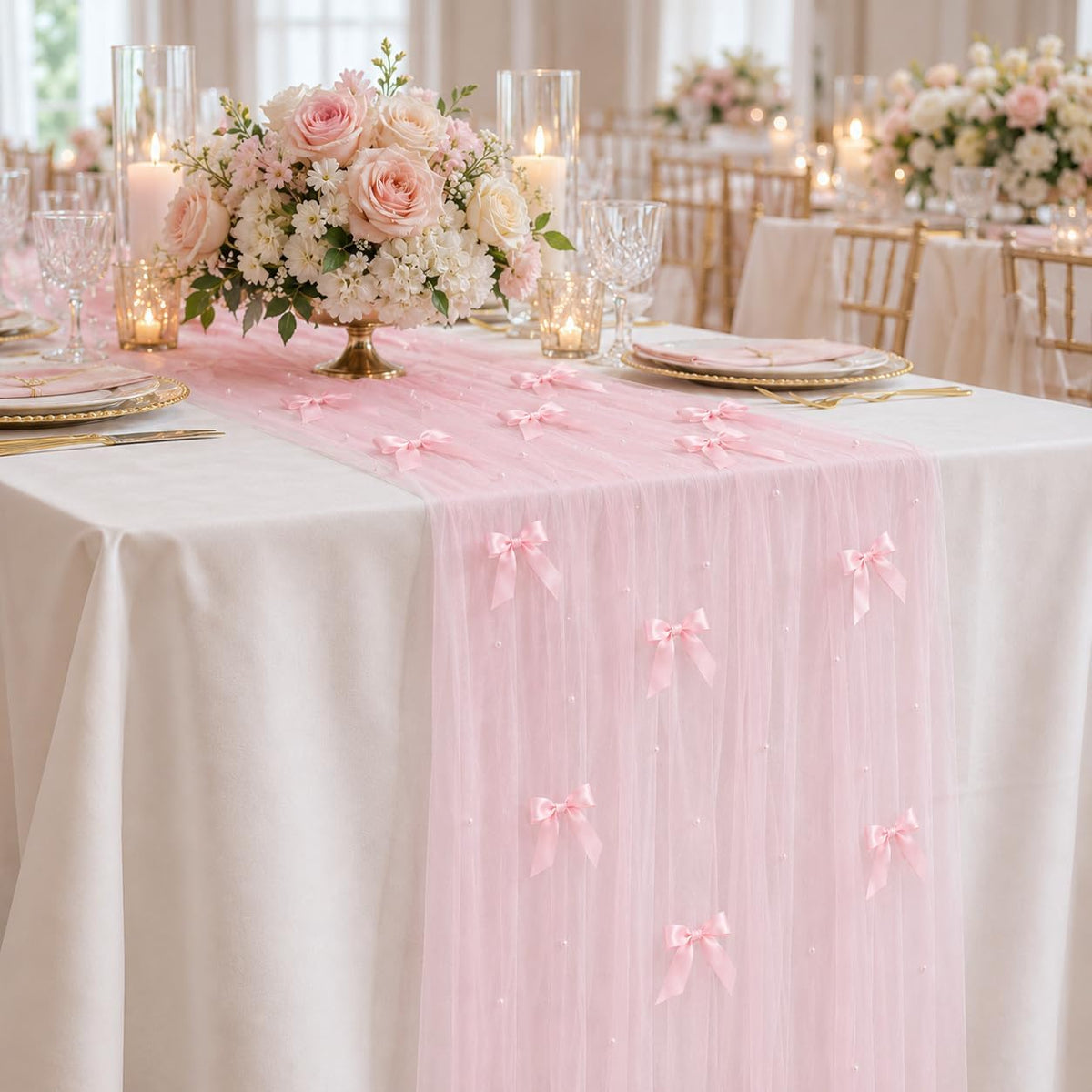 Pearl Table Runner for Wedding, 30x 120inch Pink Bow Gauze Table Runner for Holiday Wedding Birthday Bridal Shower Table Decor Home Party(Pink)