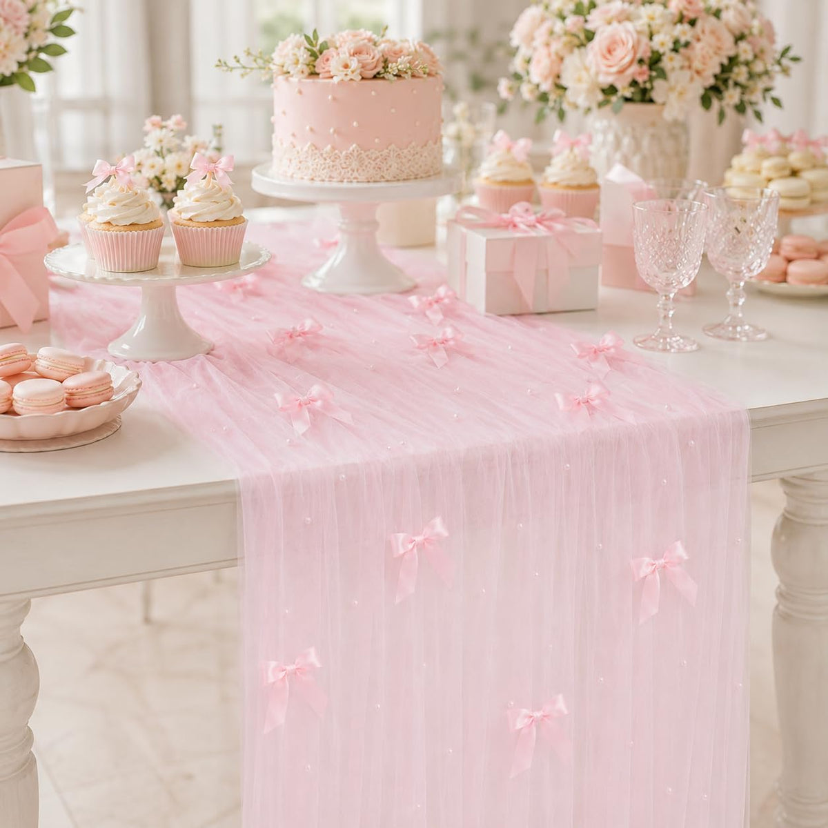 Pearl Table Runner for Wedding, 30x 120inch Pink Bow Gauze Table Runner for Holiday Wedding Birthday Bridal Shower Table Decor Home Party(Pink)