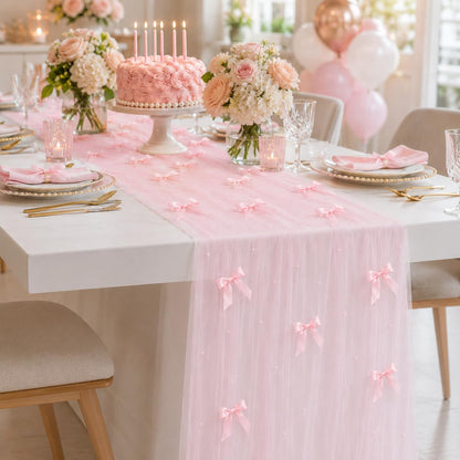 Pearl Table Runner for Wedding, 30x 120inch Pink Bow Gauze Table Runner for Holiday Wedding Birthday Bridal Shower Table Decor Home Party(Pink)