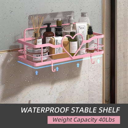 Pink Shower Caddy with 4 Removable Hooks, 2 Pack Sweet Heart Shower Shelves,No Drilling Adhesive Organizer Shelf for Bathroom Shower,Kitchen,Bedroom