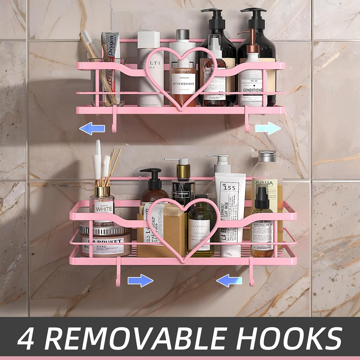 Pink Shower Caddy with 4 Removable Hooks, 2 Pack Sweet Heart Shower Shelves,No Drilling Adhesive Organizer Shelf for Bathroom Shower,Kitchen,Bedroom