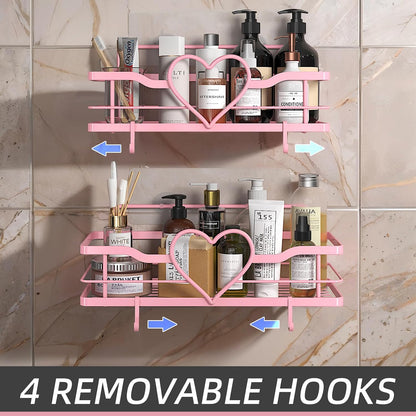 Pink Shower Caddy with 4 Removable Hooks, 2 Pack Sweet Heart Shower Shelves,No Drilling Adhesive Organizer Shelf for Bathroom Shower,Kitchen,Bedroom