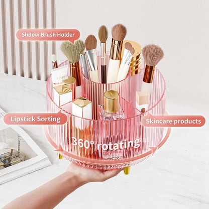 Clear Rotating Makeup Organizer Countertop for Vanity, 360° Makeup Brush Holder Organizer with 5 Compartments, Transparent Cosmetic Storage for Lipstick, Skincare, Bathroom Counter (Transparent Pink)