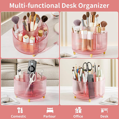 Clear Rotating Makeup Organizer Countertop for Vanity, 360° Makeup Brush Holder Organizer with 5 Compartments, Transparent Cosmetic Storage for Lipstick, Skincare, Bathroom Counter (Transparent Pink)