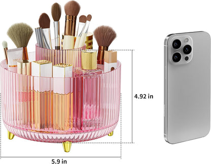 Clear Rotating Makeup Organizer Countertop for Vanity, 360° Makeup Brush Holder Organizer with 5 Compartments, Transparent Cosmetic Storage for Lipstick, Skincare, Bathroom Counter (Transparent Pink)