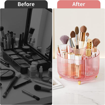 Clear Rotating Makeup Organizer Countertop for Vanity, 360° Makeup Brush Holder Organizer with 5 Compartments, Transparent Cosmetic Storage for Lipstick, Skincare, Bathroom Counter (Transparent Pink)