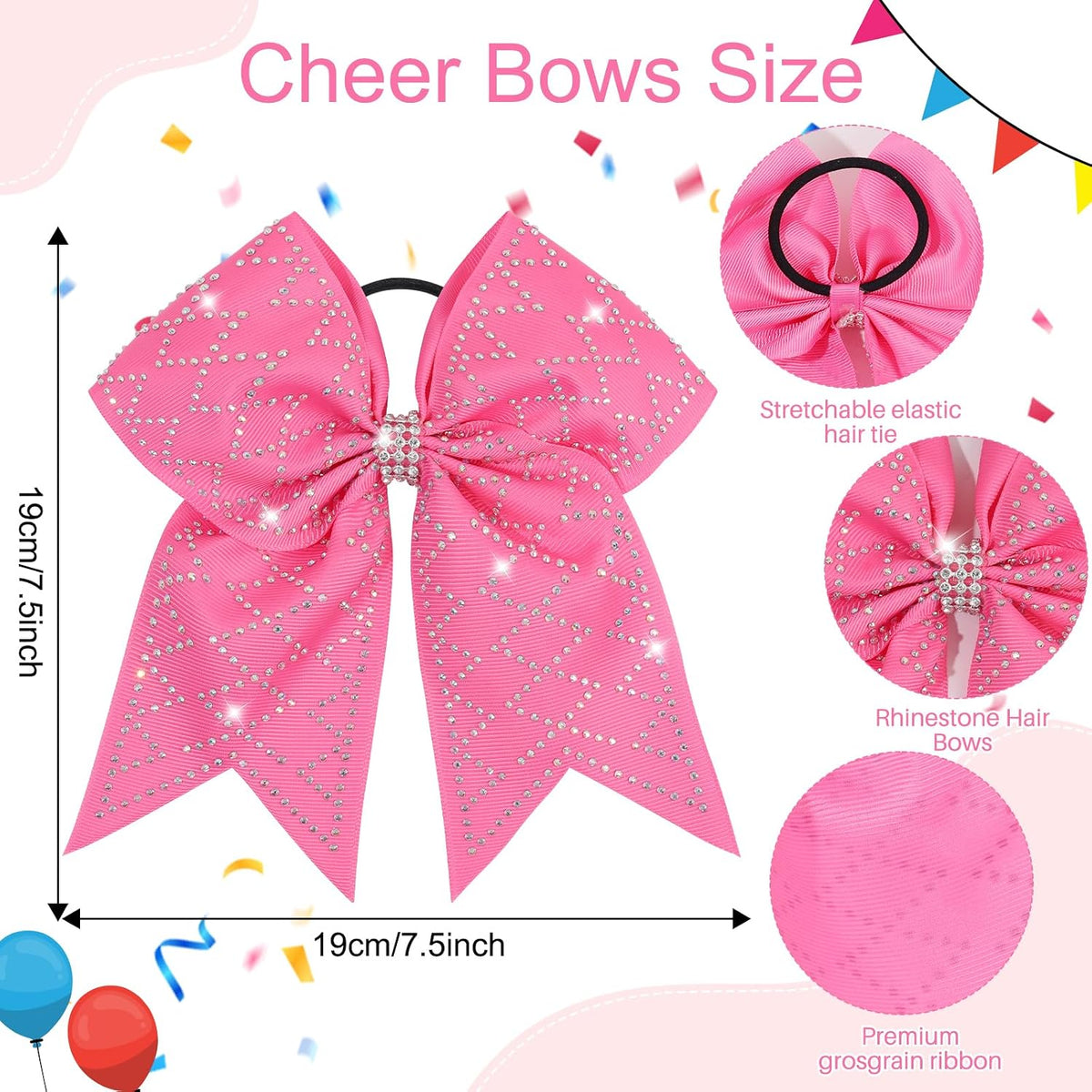 6PCS Glitter Rhinestones Pink Large Cheer Bows for Cheerleader