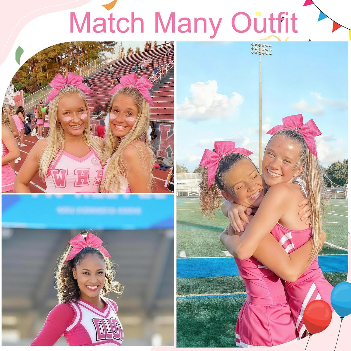 6PCS Glitter Rhinestones Pink Large Cheer Bows for Cheerleader