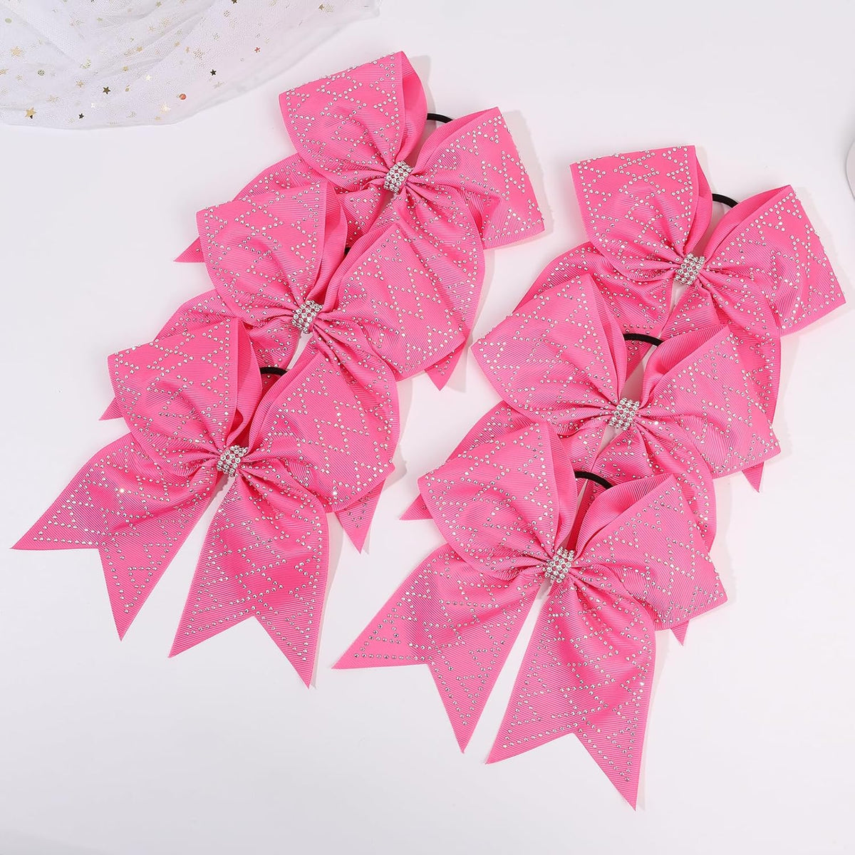 6PCS Glitter Rhinestones Pink Large Cheer Bows for Cheerleader